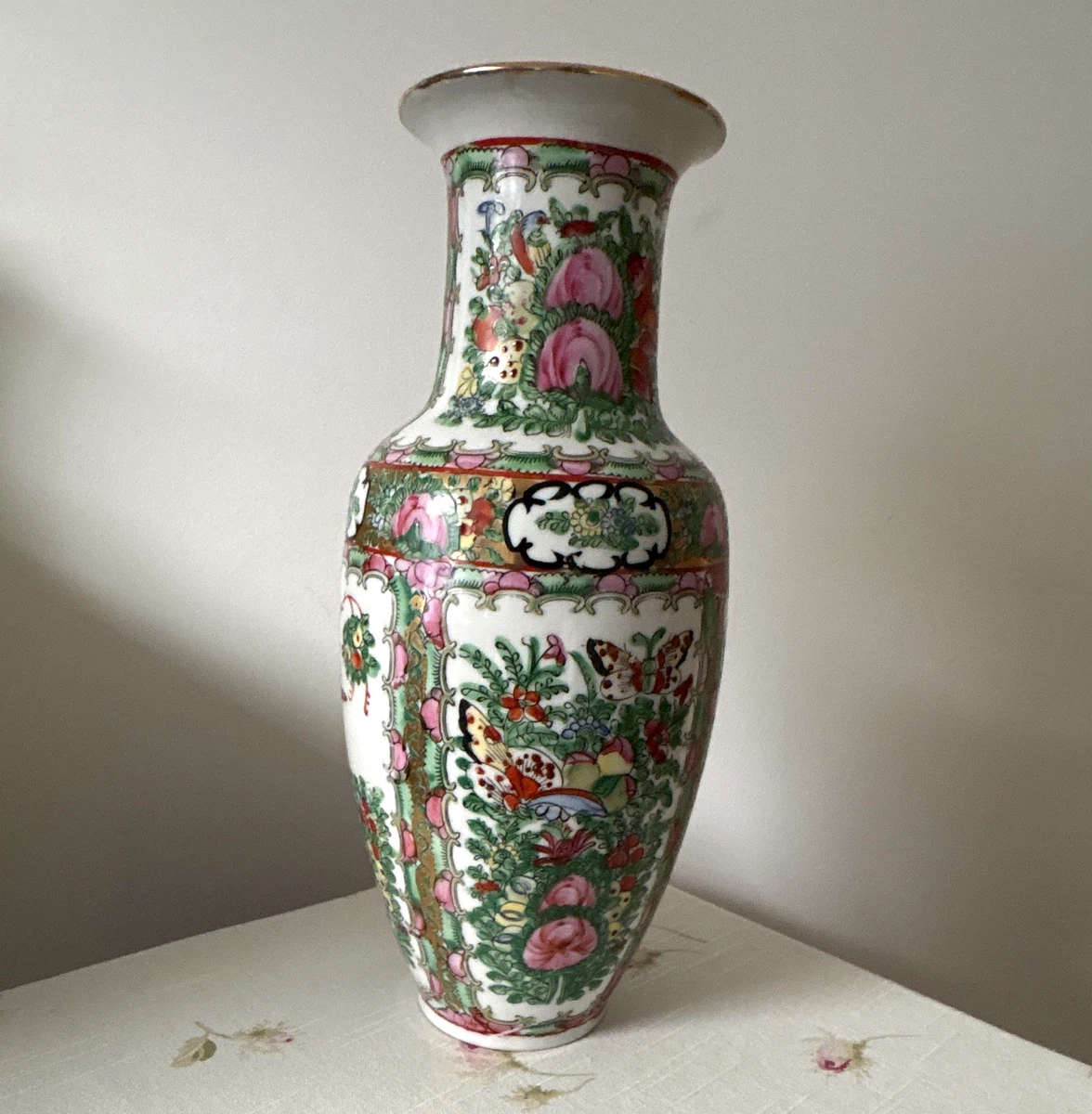 Vintage Macau Porcelain Baluster Vase Hand Painted Floral & Bird Pattern 