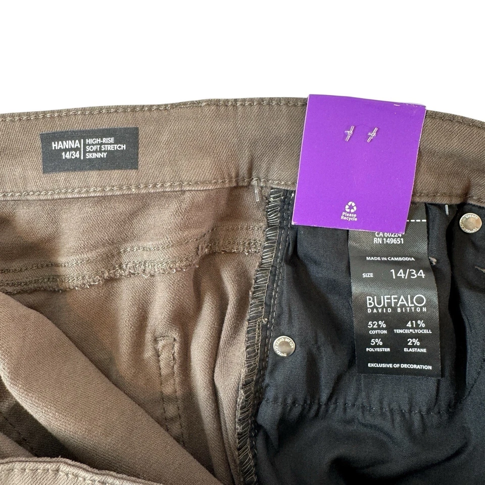 NUEVO Pantalones ajustados Buffalo David Bitton Hanna tiro alto suaves elásticos 14/34 marrón Foto 3 de 4