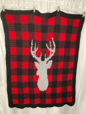 Handmade Crochet Throw Wall Hanging DEER Cabin Blanket Farmhouse 32”x 44” Lodge