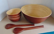 7-pc Bamboo Salad Set 1 Large Bowl 4 Small & 2 Serving Utensils New