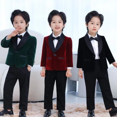 Kinder Jungen Samt Blazer Anzug Jacke Mantel Langarm Hochzeit Aufführung - Bild 1 von 4