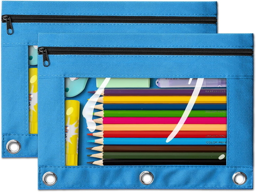 Pencil Pouch for 3 Ring Binder, 2 Pack Sky Blue 3-Holes Zipper Pencil Pouches, S