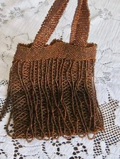 ANTIQUE ART DECO FRINGED FLAPPER BAG PURSE WRISTLET - AMBER TOPAZ COLORED BEADS