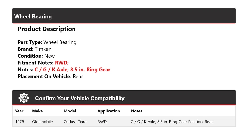 Tiara Oldsmobile Cutlass 1976 tracción trasera cojinete de rueda Timken Foto 2 de 4