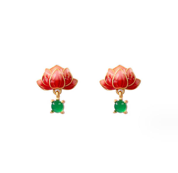 Alternate view of Jade Dangle Earrings Boho Lotus Flower Dainty Gemstone 18k Gold Plated