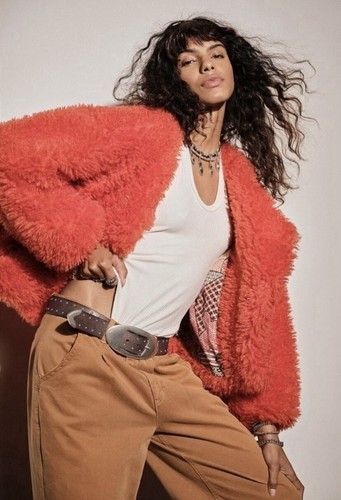 Free People Women’s Large All Night Fur Crop Teddy Jacket Red Orange Festival - Picture 2 of 11