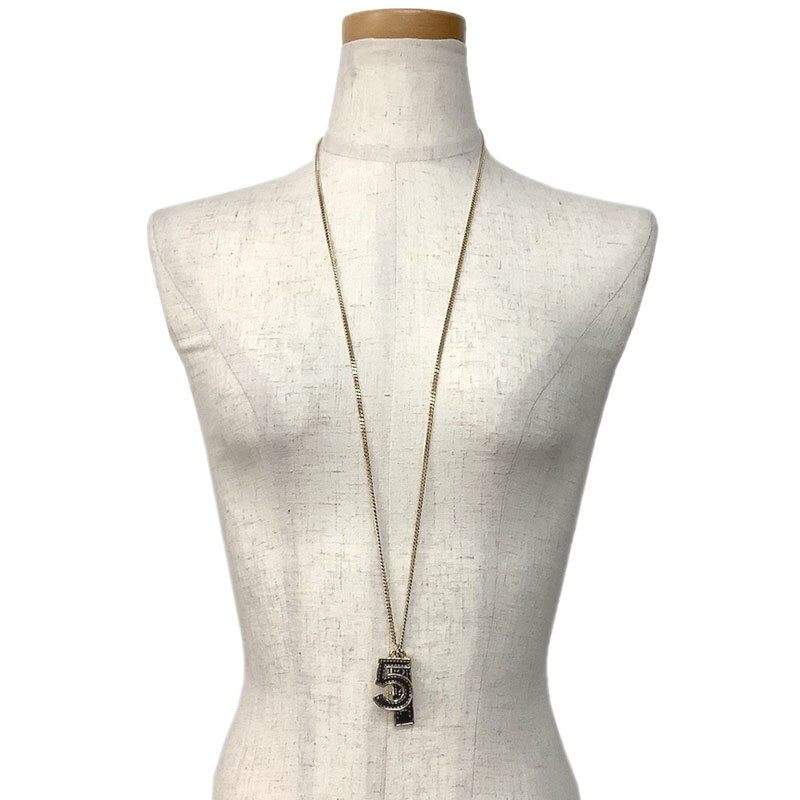 Chanel Long Pendant Necklace Gp Leather Gold Black No.5