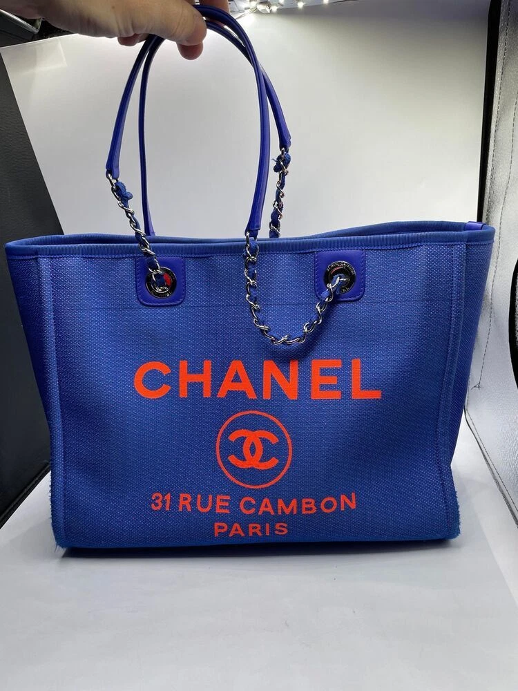 Chanel Navy Canvas Small Deauville Tote Pale Gold Hardware, 2020 (Very Good), Blue Womens Handbag