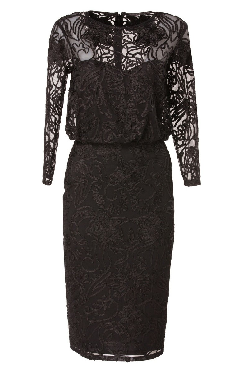 soutache embroidered blouson dress Ignite Evenings Embroidered Soutache Floral Lace Illusion Round Neck Short Sleeve Midi Dress at Hamilton Place in Chattanooga, TN