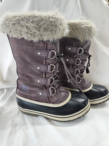 Sorel Joan Arctic Snow Boots Sz 2 Waterproof Suede Quarry Purple Fur Trim