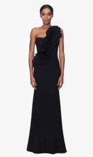BETSY  ADAM Black One-Shoulder 3D Floral Ruffle Scuba Crepe Maxi Gown Dress 10