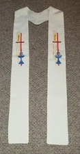 CLERGY STOLE OFFICIANT VESTMENT CREAMY WHITE W/EUCHARIST SYMBOLISM JHS