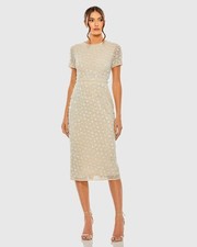 Mac Duggal 93893 Beige High Neck Short Sleeve Embellished Midi Sheath Dress Sz 6