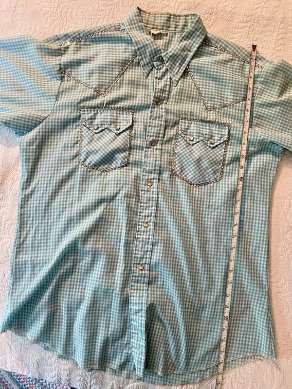 VTG Pearl Snap Bedazzled Rhinestone Western Shirt Blue Check, Sparkly! 16.5-34