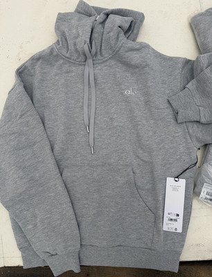 alo Accolade Hoodie Gray Pullover Crew Neck Logo Drawstring Pocket Long Sleeve