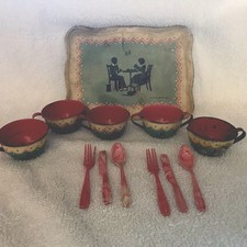 1937 Ohio Art, Rare Blue Silhouette Child's Tin Tea Set 12 Piece 