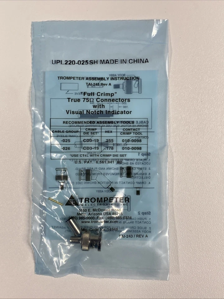 10× Trompeter UPL220-025SH BNC 75Ω Crimp Connectors – AT&T 734A Cable, Bulk Pack - Image 2 of 4