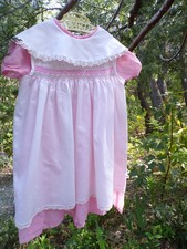 Vintage Polly Flinders dress pink dotted swiss smocked pinafore lace collar 6X