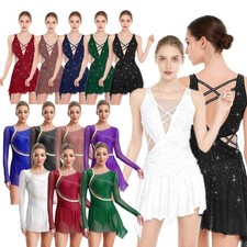 US Women Dress Built-in Crotch Dresses Glittery Dancewear Party Straps Lyrical