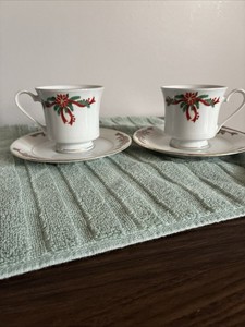 Lot of 2 POINSETTIA & RIBBONS Christmas Fine China TEACUPS + SAUCER Plates