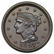 1847/47 Braided Hair Large Cent, Large/Small 47, rare N-31, R5