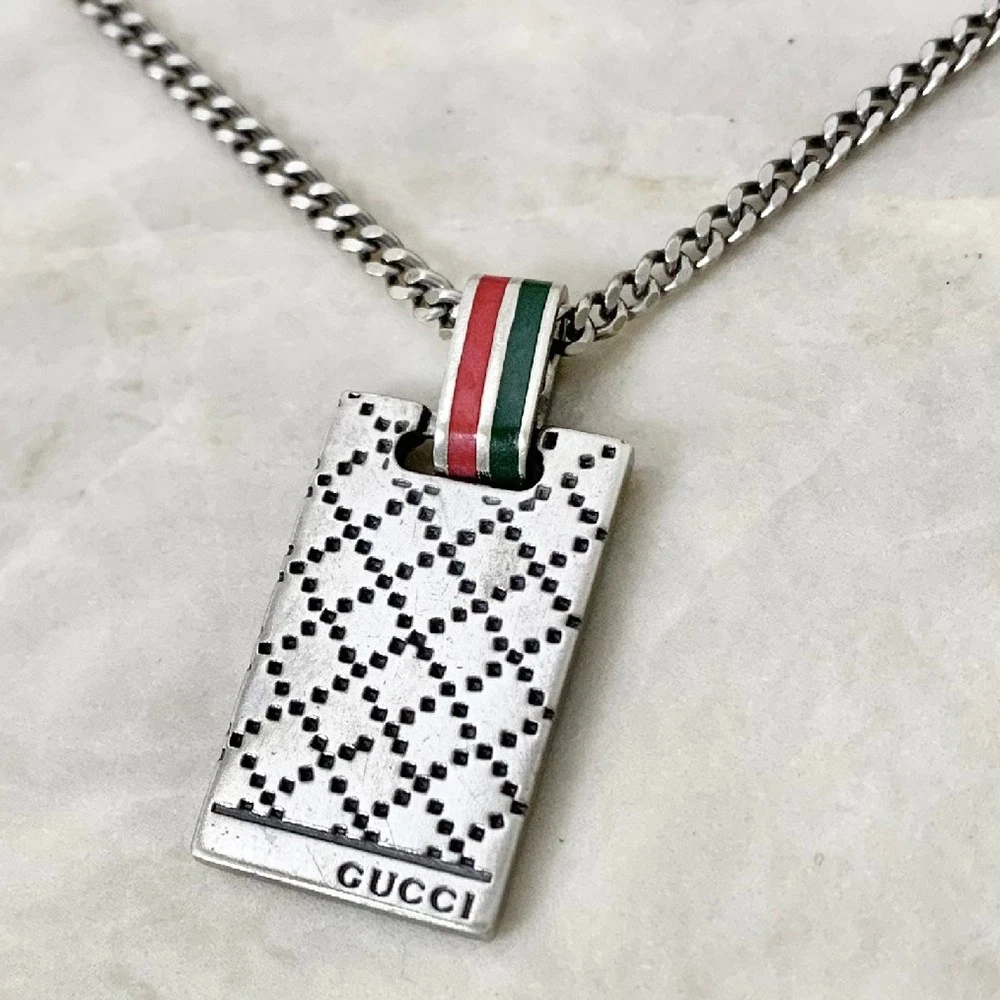 Collana GUCCI Logo Diamante Shima Placca 22" Argento 925 Autentica #5640