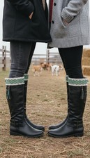 Women Turquoise Blue Gold Beaded Native Boot Topper White Lace Pair Brown Fringe