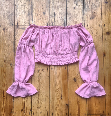 AMISU Pink Off Shoulder Puff Sleeve Crop Top Womens XS Puff Sleeve Bardot Blouse