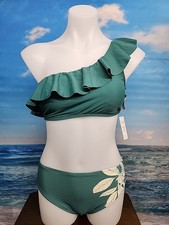 NWT Cupshe Two Piece Swimsuit Size Small Green Cream Floral One Shoulder Ruffle