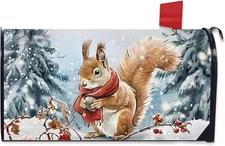 Winter Squirrel Mailbox Cover Magnetic Standard Size 20.5" X 18", Snowy Pine Tre