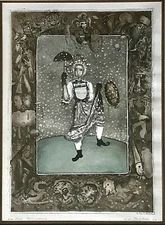 Original Signed HANS RUDOLF AMBAUEN Color Aquatint Etching Swiss Surrealist Art