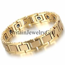 8.2" Men's Magnetic Therapy Beads Tungsten Link Wrist Bracelet Luxury Gold Tone
