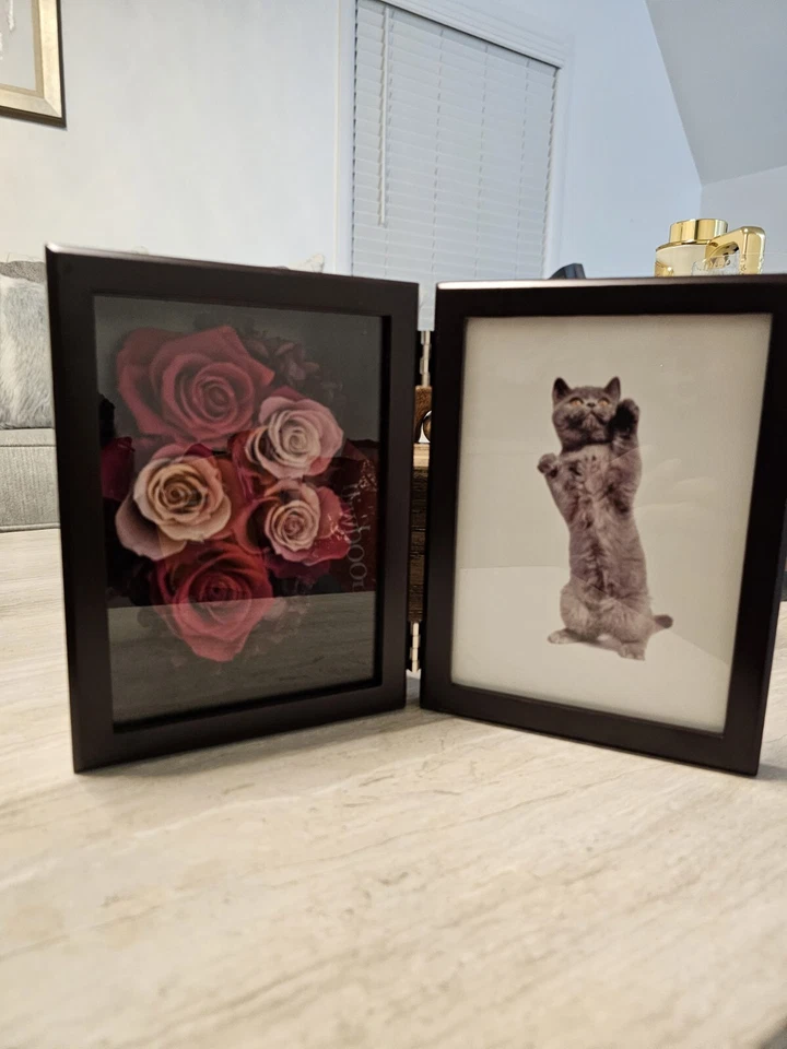 Marco de fotos doble de madera marrón con flores secas y cuadro de gato decoración del hogar" Foto 2 de 4