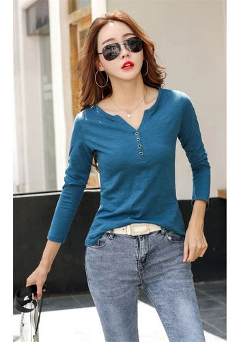 Womens Cotton Long Sleeve T Shirt Loose V Neck Slub Cotton Casual Blouse Tops US - Bild 16 von 49