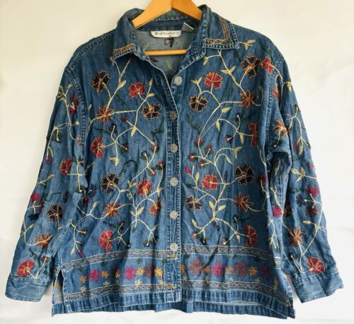 Dressbarn Woman Blue Denim Floral Embroidery Jacket Size XL Cotton