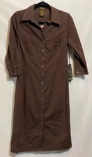 Nylon by Dex 10 Brown COTTON Blend Fitted 3/4 Sl Collar Button Shirt Dress NWT