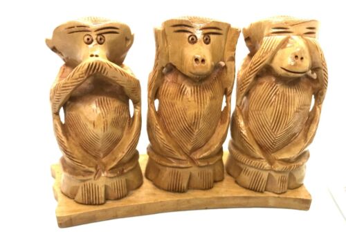 Wooden Hand Carved Three Wise Monkeys Hear See Speak No Evil ON BASE Artisan New - Picture 1 of 6