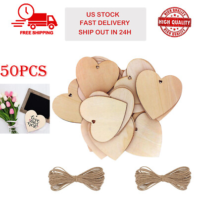 50PCS Wooden Hearts +Twine 3.2x3.2'' Shaped Heart Set with Holes & Rope DIY Gifts