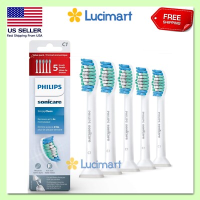 5 Pack C1 Sonicare Simply Clean Replacement Toothbrush Brush Heads HX6015/03 USA