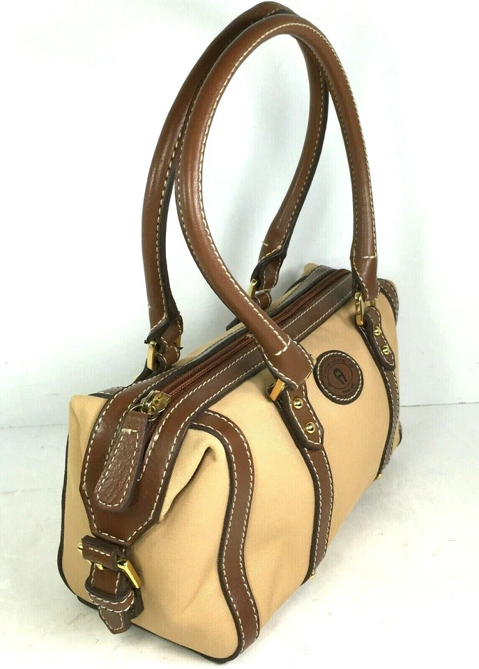 Bolso de Mano Etienne Aigner Mujer MINI Pequeño Beige Tela Marrón Imitación Cuero Borde Foto 4 de 4