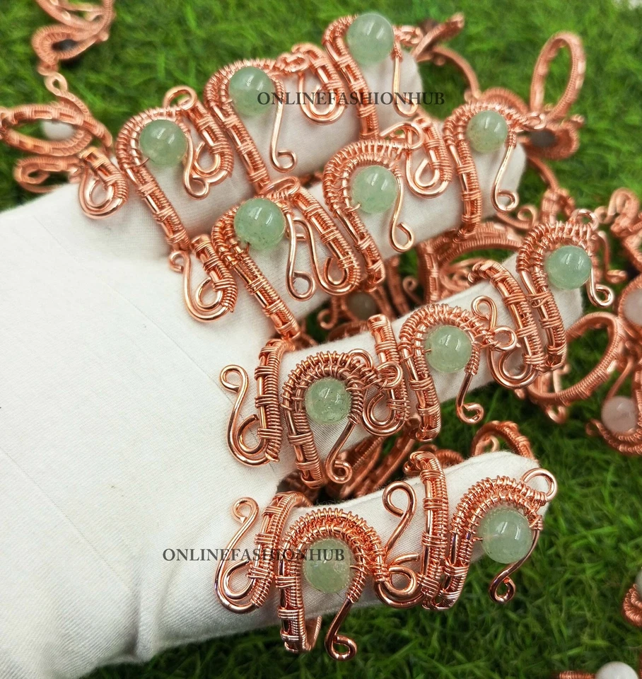 Hot Aqua Aventurine Gemstone Silver Plated Copper Wire Wholesale Lot Snake Rings - Image 2 of 4