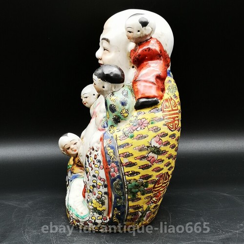 9.1" Chinese Colour Porcelain Happy Laugh Maitreya Buddha Five Children Statue - Picture 4 of 5