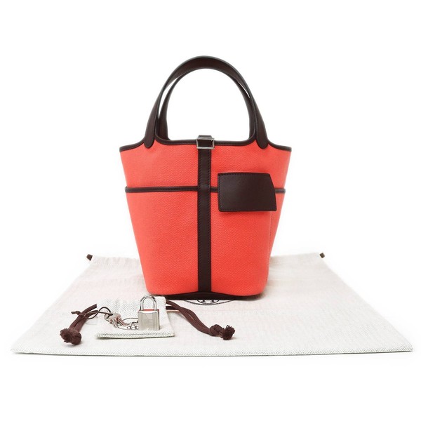 Hermes Picotin Lock 18 Cargo Pocket Bag Handbag Rose Texas Canvas Leather 99