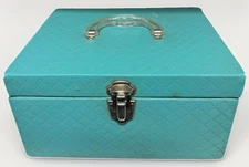 VTG MCM 1960s Era Sewing Box Retro Turquoise Padded Some Distress Mid Century