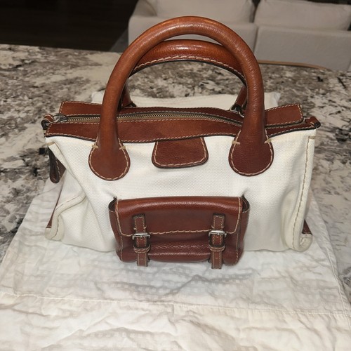 Chloe Edith Bag, White Canvas And Brown Leather- 100% Authentic