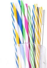 12 Thick Plastic Straws Reusable, BPA-Free, Assorted Colours + Cleaning Brush