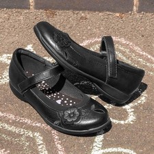 Walkright Girls Shoes Black Kids School Easy Fasten Flower Gripped Cassidy SIZE