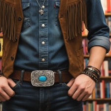 Men Women Antique Silver Metal Ethnic Belt Buckle Turquoise Filigree Bohemian