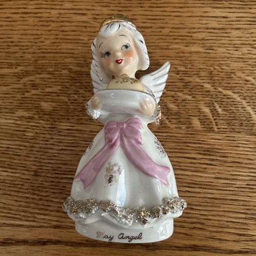Vintage MAY BIRTHDAY Angel Figurine 5" tall Ucagco Ceramics Japan Spaghetti Trim