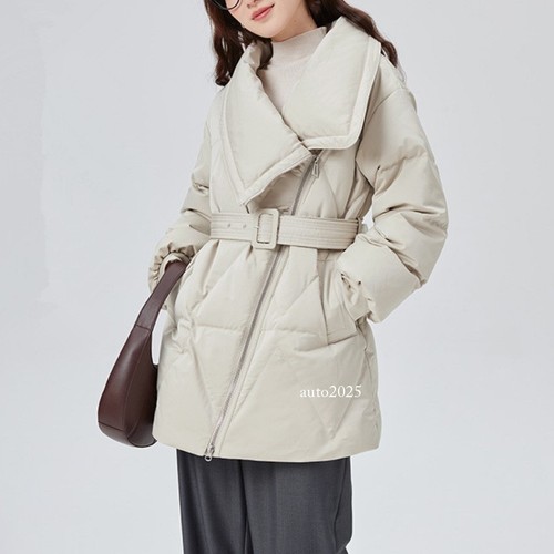 White Duck Down Lapel Collar Jacket Womens Slim Down Belted Retro Warm Jackets - Picture 1 of 25